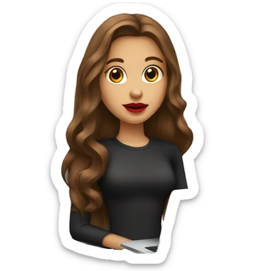 A girl with long brown hair holds a laptop Red lips sticker