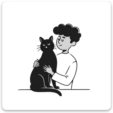 young male with brown light skin, slightly curly hair, holding a black cat sticker