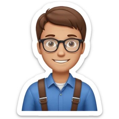Brown haired guy with glasses with a belt over his shoulder while smiling sticker