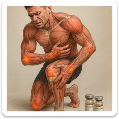 realistic and anatomical crossfit athlete showing widespread joint problems in shoulders, elbows, knees, wrists; muscles and joints clearly visible; painful expression; vials labeled 'Stanozololo' nearby; natural lighting; neutral background sticker