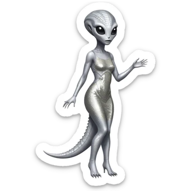 alien reptilian woman in silver dress, full body black eyes sticker