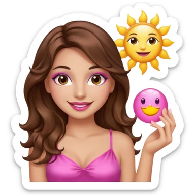 girl with long wavy brown hair, brown eyes, long lashes makeup, sexy pink lips, smiling, light to medium complexion, wearing a pink sexy silk top, holding the sun icon  sticker