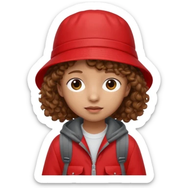 Little student brown curly hair, wears red bucket hat and jacket, backpack, shy sticker