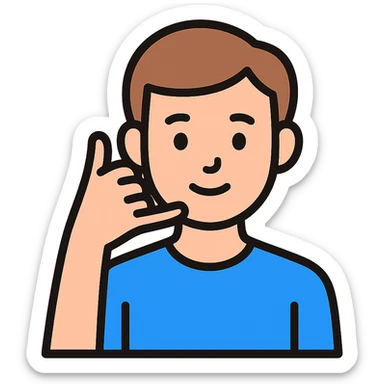 Adam making a phone call gesture, hand to ear, head and pinky finger forming phone sign, simple background, modern and clear style sticker