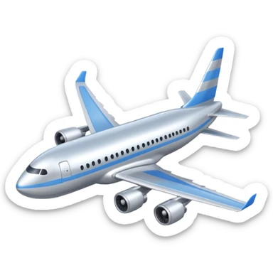 A 3D cartoon commercial airplane flying above clouds, silver body with blue stripes, smooth reflections, Memoji-style realism. sticker