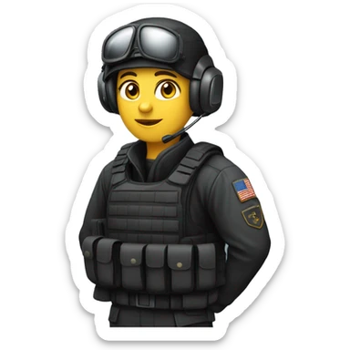 Military operator dressed in black with a helmet, without glasses, wearing a headset, ready to respond to alerts, preferably female, no country badge on clothes sticker