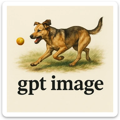 logo with text "gpt image" on the background of a dog chasing ball, realistic image sticker