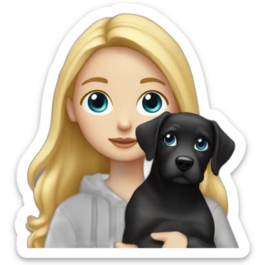 A blonde girl  with blues eyes, with smooth hair and a ray,she has light skin a few freckles, and she wear a hoodies and she Carries in his arms a black baby labrador dog  sticker