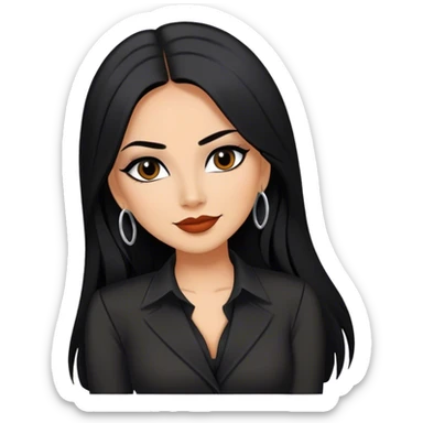 beautiful woman boss, with long straight black hair, with make up, black eye liner, smile, mexican, brown skin, wearing beautiful sexy black outfit, she’s shy sticker