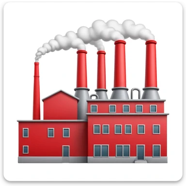 3D emoji of a factory in Apple style, smooth and glossy surface, minimal design with clean shapes, grey and silver building, red or orange smokestacks, subtle shadows, no facial features, high-quality render, isolated on white background sticker