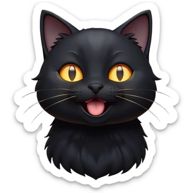 Cinematic Cute Black Cat Portrait Emoji, Head tilted playfully and yawning, sleek black fur with subtle hints of dark gray, Simplified yet adorable features, highly detailed, glowing with a warm, friendly glow, high shine, curious and affectionate, stylized with a touch of whimsy, bright and alert, soft glowing outline, capturing the essence of a mischievous yet loving kitten, so endearing it feels like it could leap out of the screen and stretch! sticker
