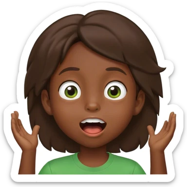 dark skin kid with big eyes, brown hair, green t-shirt, mouth open, smiling, looking up sticker
