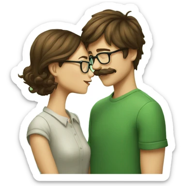 A boy with brown hair and a mustache is kissing a girl wearing glasses and her hair is green sticker