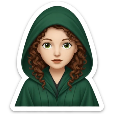 A white woman with long dark auburn hair robed and hooded like she's a Traitor in the tv show The Traitors. her hair is curly and the robe is a dark dark green sticker