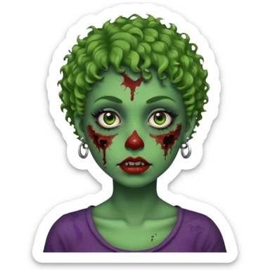 faça uma cabeça verde de zumbi femenina, com im cabelo curtinho cacheado, piercing no nariz, e brincos na orelha sticker