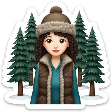 "A girl with curly dark hair 👩🏻‍🦱, wearing a fur hat 👒🦊 and a fur vest 🧥, standing in the snow ❄️ with pine trees 🌲 in the background. Minimalistic emoji style." sticker