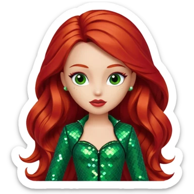 Meygan from Bratz with long red hair and green sequin outfit sticker