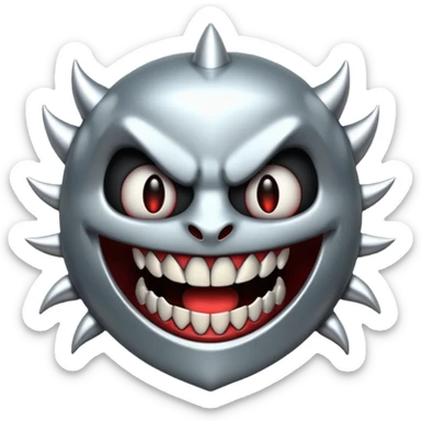 Stylized emoji icon of metallic teeth with sharp fangs, chrome texture, dark shadows, aggressive look sticker