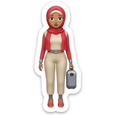 Heavy-set woman with medium-brown skin wearing a light red hijab, cream top, light red pants, tan shoes, and a grey robot leg. Standing confidently with one hand on her hip sticker
