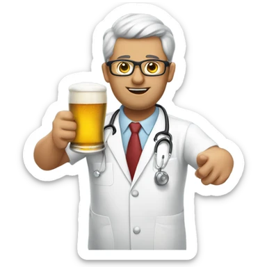 A guy dressed as a chiropractor in a surgical uniform consuming a beer sticker