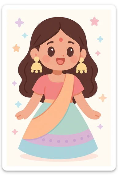 young Indian woman in a festive lehenga, bindi on forehead, big statement earrings, joyful and festive look sticker