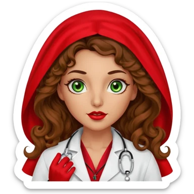 Spanish sexy evil woman. She has green eyes.  had brown long curly hair.  evil surgeon kills with needle wears red sexy doctor coat with red Juliet veil on her mouth and nose ONLY to hide and wearing red gloves. Hair is free and flowing long  sticker
