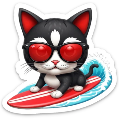 a bad kitty on the waves. make the cat look devlishish with a pair of black ray bans wayfers on. surfing. I want the ray bans black so you cant see the cats eyes sticker