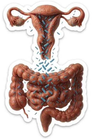 UTERO UMANO E INTESTINO ANATOMICI REALISTICI SONO UNO SOPRA ALL'ALTRO E SI PASSANO I BATTERI A VICENDA, CON BATTERI CHE ESCONO DALL'INTERNO, IPERREALISTICO 4K, NON DISEGNATO sticker