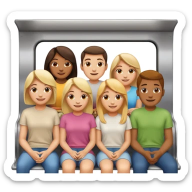 five diverse gender people, smiling and sitting together in a subway car inspired by Apple emoji subway, all wearing light-colored t-shirts, Apple emoji style sticker