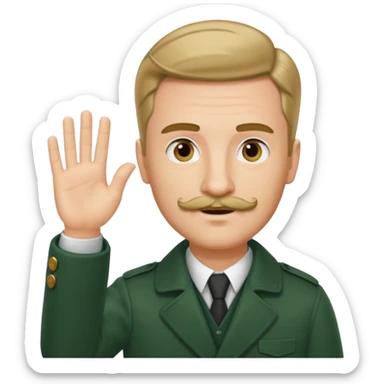 German guy with short mustache and a comb over raising his hand with a dark green coat sticker