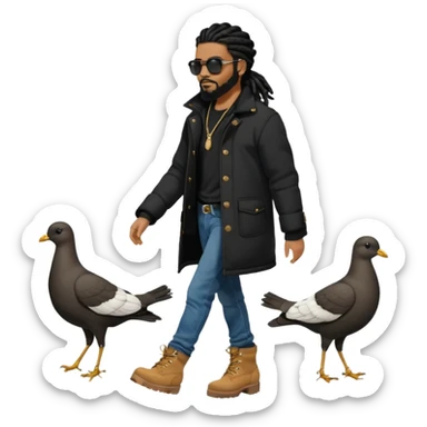 African American man with shoulder length black dreadlocks with black beard wearing black sunglasses wearing a black bubble winter coat wearing denim skinny jeans wearing wheat timberland boots walking with a dove behind him sticker