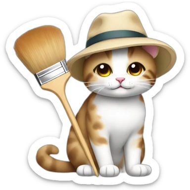 Kawaii cat artist in hat with palette and brush so it can be used as a mouse cursor sticker