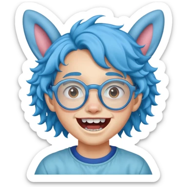 kid with teeth braces bunny eared blue haired curly big teeth and glassess sticker