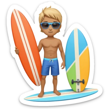 cute male surfer riding a wave, wearing shorts, sunglasses, holding balance, colorful surfboard, 3D cartoon, mobile game icon, clean background, no text sticker