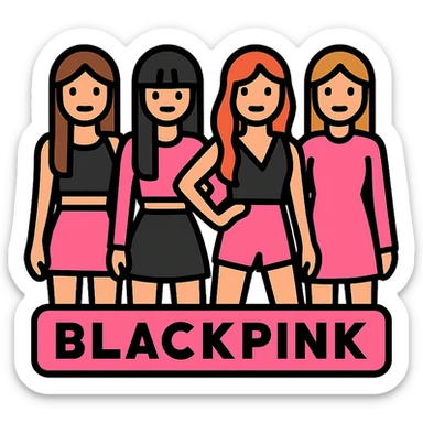 Blackpink, K-pop group, group pose, matching pink and black outfits, confident, color outline icon style sticker