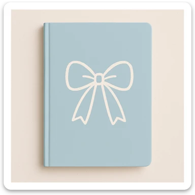 notebook with a pastel blue cover and a white bow sketch on the front, cute and simple sticker