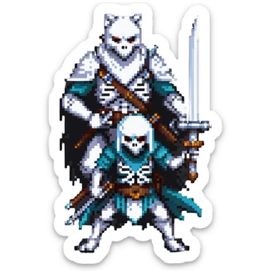 pixel art ninja skeleton wielding swords, accompanied by a white wolf sticker