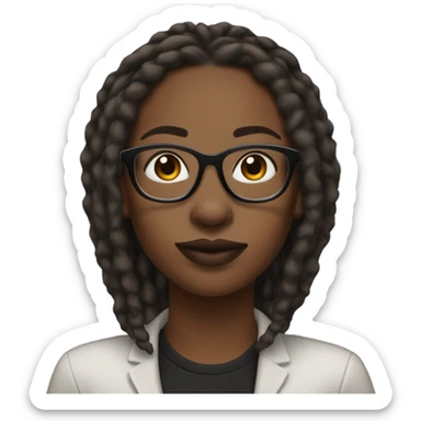 Melanin woman with full lips and brown medium length dreads wearing thick black frames and silver nose ring sticker