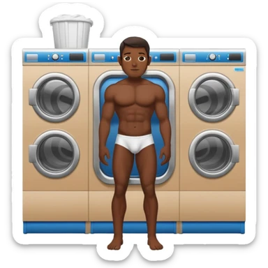 full view of a naked muscular dark skin man in a laundromat with penis  sticker