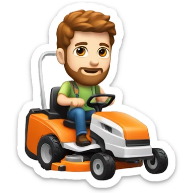 A white man with brown hair and a beard pushing an orange mower sticker