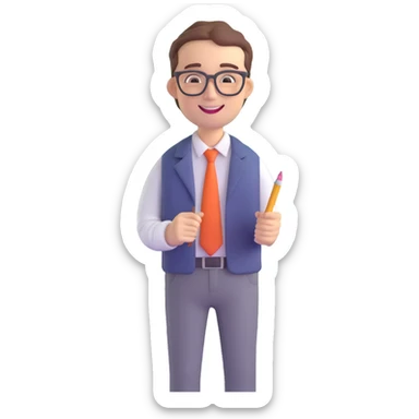 A cute and detailed emoji of a male teacher writing on a chalkboard. The teacher is smiling, wearing glasses, and dressed in a casual shirt and pants. He is holding a piece of chalk and writing something on the blackboard. sticker