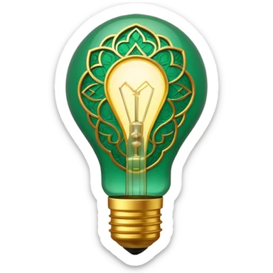 3D emoji, light bulb with Moroccan arabesque pattern inside, golden frame, glowing light, emerald green and gold colors, minimalist, white background. sticker