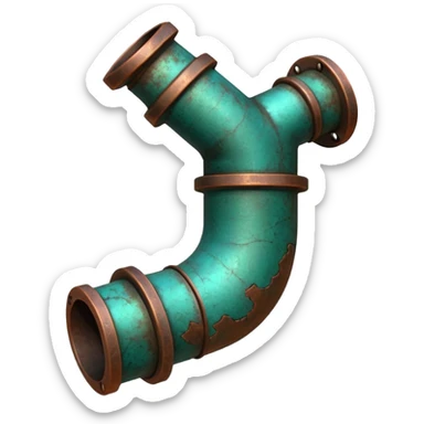 3D render of Garden Pipe, heavily oxidized copper texture, verdigris patina, Pipe joint with teal oxidation, weathered bronze aesthetic, ancient decay, emoji style, isolated on white background --v 6.0. sticker