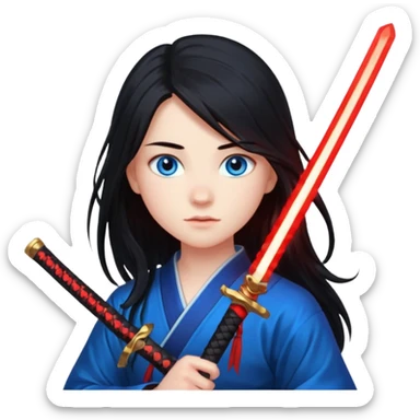 A 14 year old with red glowing katana and his hair be long and eye colour of blur sticker