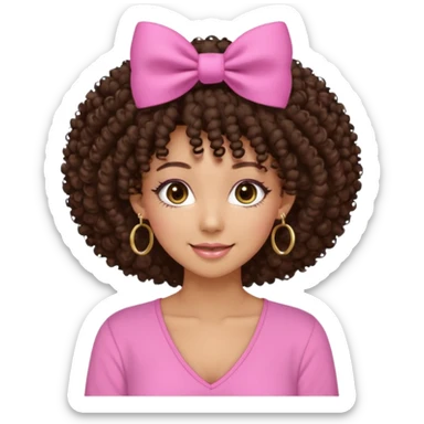 Naturally tan skin girl short darkBrown curly afropink shirt very long lashes hoop gold earrings Brown eyes gyaru smiling closed mouth cute bow hairclip small on the side. V neck pink shirt. Teenager sticker