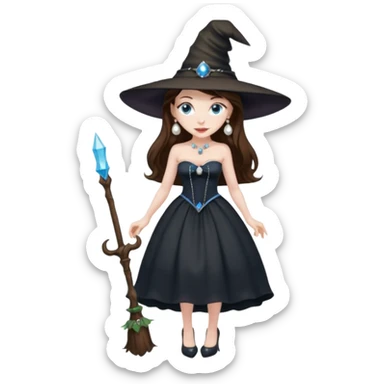 woman brunette, very large breasts, pale skin, blue eyes, long brown hair, black strapless dress, witch hat, pearl earrings, smirking, in black heels, standing, head to toe, full body, zoomed out, entire outfit visible sticker