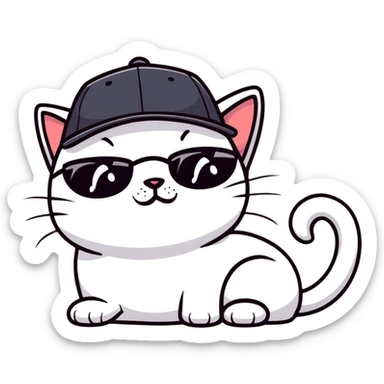 close-up of cat's face with one eye completely closed in an obvious wink, other eye open, wearing black snapback cap, black sunglasses positioned low on nose so cat is peeking over them, mischievous expression sticker