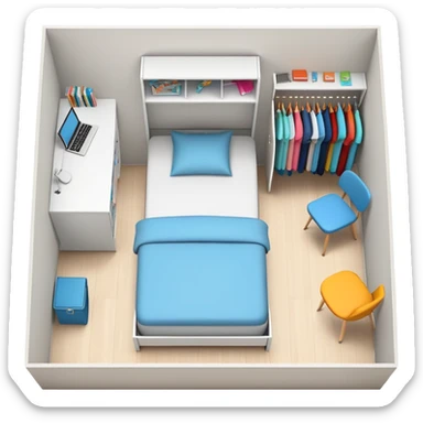 top-down view of teenage bedroom layout with bed, desk, closet, and storage sticker
