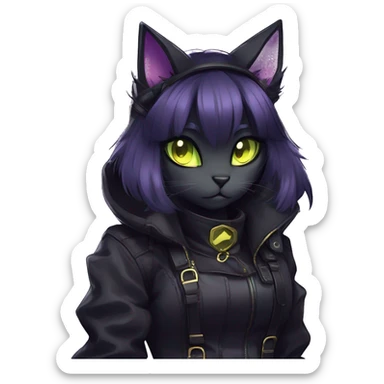 Gorgeous furry gothic dark techwear anime style anthro black cat furry sona Fakemon with blushing face yellow-green eyes with ponytail, aesthetic and pretty edgy black with violet collar and harness trending style sticker