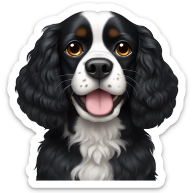 Small completely black king spaniel with black fur on his whole face and white fur on chest sticker
